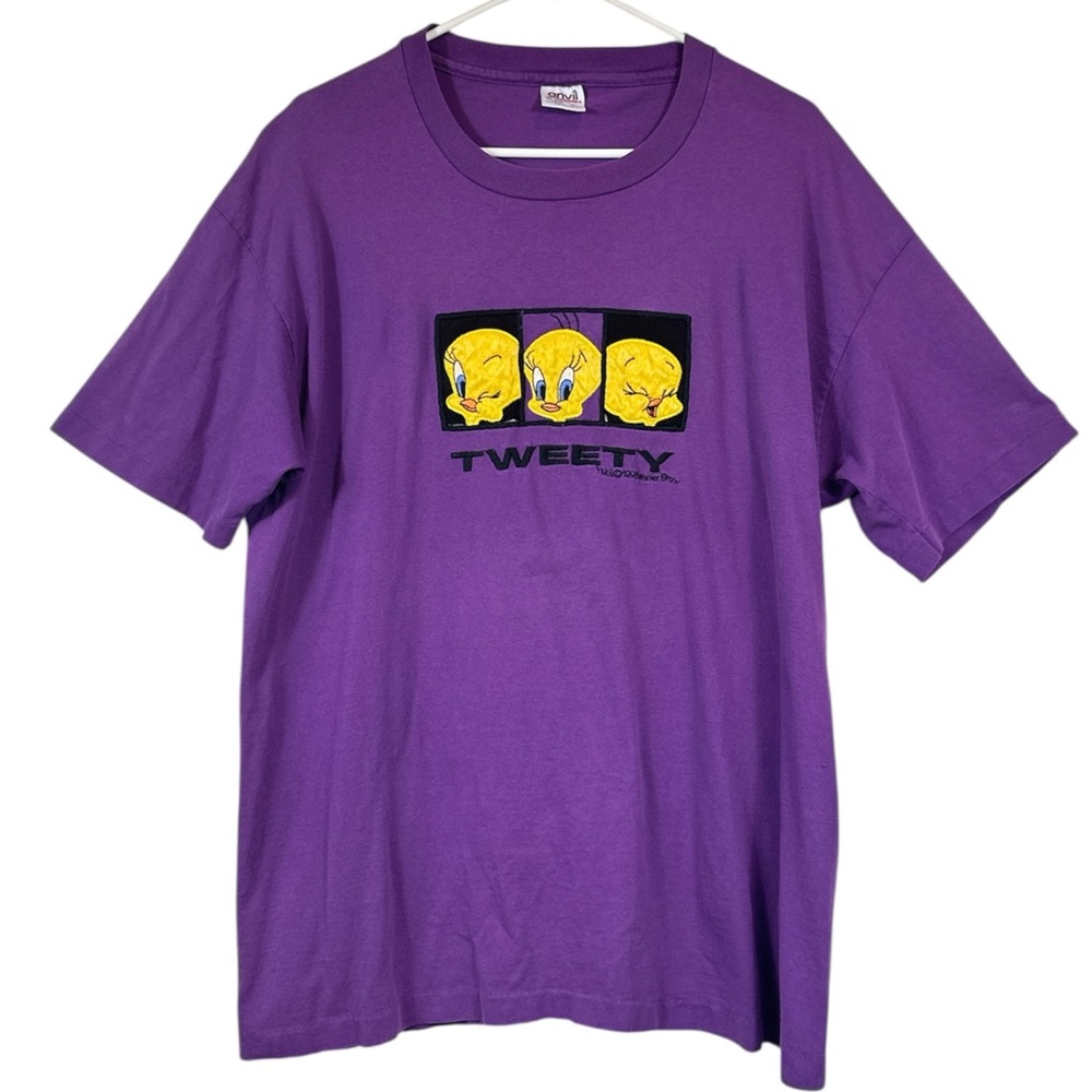Vintage Anvil Purple Tweety Bird Single Stitch Embroidered Graphic Tee Size XL